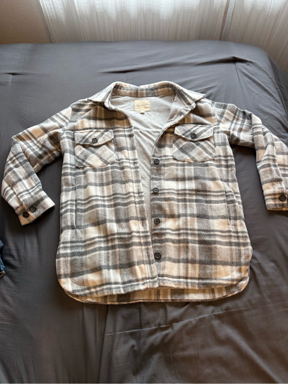 Thread & Supply Plaid Button-Front Shacket - Beige, Gray, Cream